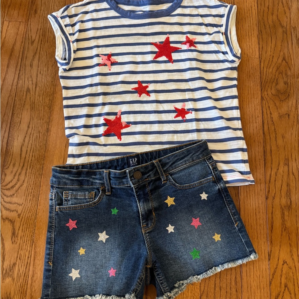 GAP Kids Striped Flip Sequin Star Shirt with Matching Denim Sparkle Shorts 12/L